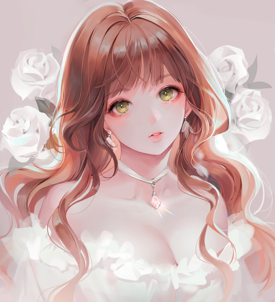 Anime picture 3000x3295 with original chomong single long hair tall image looking at viewer fringe highres breasts simple background brown hair bare shoulders green eyes cleavage upper body blunt bangs parted lips head tilt realistic off shoulder
