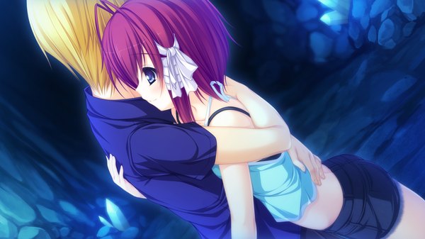 Anime picture 1920x1080 with justy nasty whirlpool (studio) kuroki kirie mikagami mamizu highres short hair blue eyes blonde hair wide image game cg red hair couple hug girl boy ribbon (ribbons) hair ribbon shorts