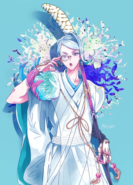 Anime picture 739x1024 with touken ranbu nitroplus tomoegata naginata lailu single tall image looking at viewer short hair standing purple eyes silver hair traditional clothes japanese clothes :o blue background boy weapon monocle naginata