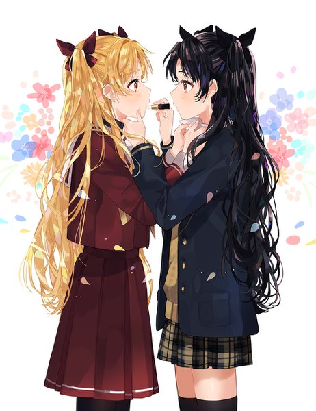 Anime picture 1000x1299 with fate (series) fate/grand order toosaka rin ishtar (fate) ereshkigal (fate) i (yunyuniraaka) long hair tall image blush fringe black hair blonde hair red eyes white background multiple girls holding long sleeves profile pleated skirt two side up