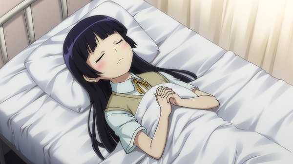 Anime picture 1280x720 with ore no imouto ga konna ni kawaii wake ga nai gokou ruri long hair blush black hair wide image game cg lying eyes closed girl uniform school uniform pillow bed