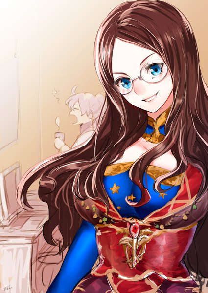 Anime picture 1032x1457 with fate (series) fate/grand order leonardo da vinci (fate) romani akiman aruti long hair tall image looking at viewer fringe breasts open mouth blue eyes smile brown hair large breasts standing signed upper body indoors head tilt