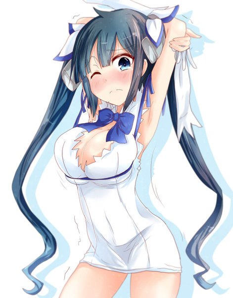 Anime picture 712x906 with dungeon ni deai wo motomeru no wa machigatteiru darou ka j.c. staff hestia (danmachi) ram hachimin single long hair tall image blush breasts blue eyes light erotic black hair simple background large breasts white background twintails cleavage one eye closed wink arms up