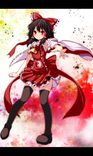 Anime picture 1197x2000 with touhou hakurei reimu s-syogo single long hair tall image looking at viewer blush black hair smile red eyes traditional clothes miko revision girl thighhighs bow black thighhighs hair bow