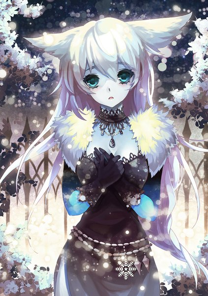 Anime picture 740x1050 with league of legends lissandra (league of legends) single long hair tall image looking at viewer blush fringe open mouth blue eyes blonde hair standing fur trim snowing blue skin girl gloves black gloves belt fur