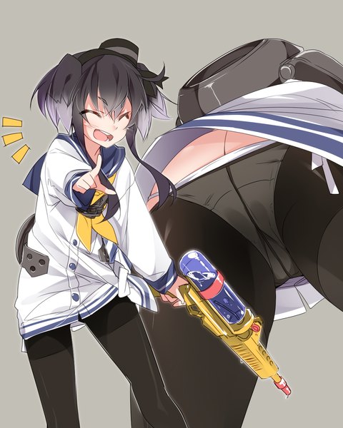 Anime picture 2048x2560 with kantai collection tokitsukaze destroyer mtu (orewamuzituda) single tall image highres short hair open mouth light erotic black hair simple background ass eyes closed grey background from below two side up outstretched arm ^ ^ pointing pointing at viewer