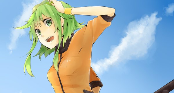 Anime-Bild 1400x750 mit vocaloid gumi buuta wide image green eyes sky green hair girl jacket goggles