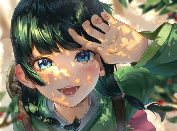 Anime picture 2375x1748 with kusuriya no hitorigoto maomao (kusuriya no hitorigoto) rearea 7777 single long hair looking at viewer blush fringe highres open mouth blue eyes outdoors blunt bangs :d green hair from above shadow freckles girl mushroom (mushrooms)