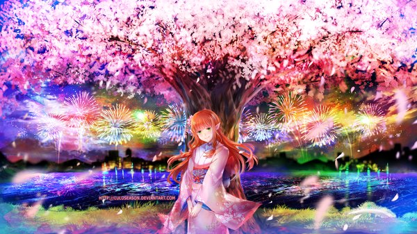 Anime picture 1195x672 with rune factory cecilia (rune factory) lulu season single long hair smile wide image green eyes japanese clothes hair flower pointy ears orange hair night cherry blossoms mountain fireworks girl hair ornament plant (plants) petals
