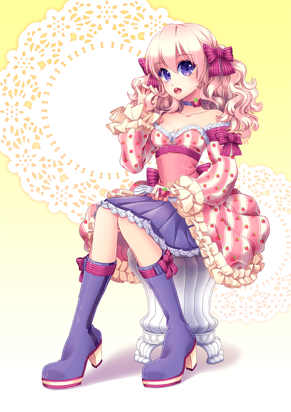 Anime picture 740x1047 with original saban single long hair tall image blush open mouth sitting purple eyes pink hair wavy hair girl dress bow hair bow boots