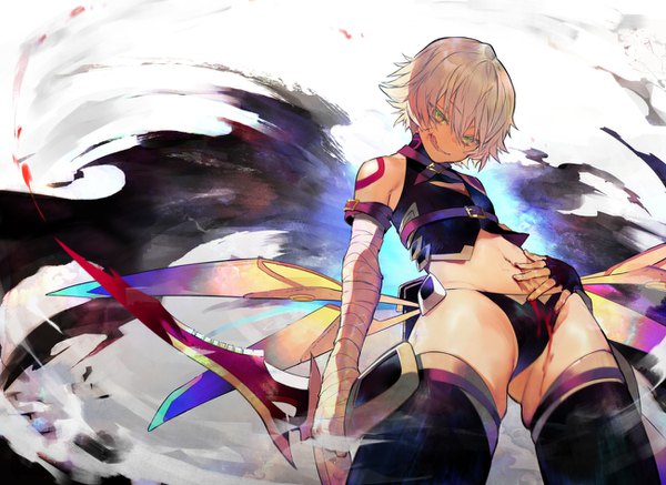 Anime picture 1300x948 with fate (series) fate/apocrypha jack the ripper (fate/apocrypha) nosaki tsubasa single fringe short hair light erotic hair between eyes standing bare shoulders green eyes silver hair from below tattoo ass visible through thighs scar girl thighhighs weapon