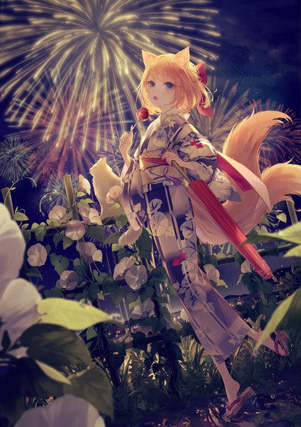 Anime picture 2000x2829 with virtual youtuber yoggi (stretchmen) single tall image looking at viewer fringe highres short hair open mouth blue eyes blonde hair standing holding animal ears outdoors tail traditional clothes japanese clothes animal tail night