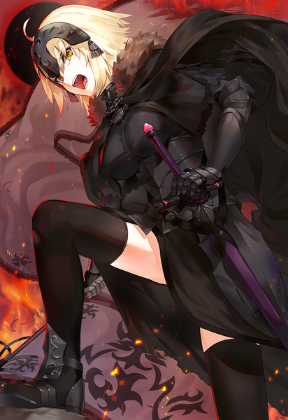 Anime picture 743x1080 with fate (series) fate/grand order jeanne d'arc (fate) (all) jeanne d'arc alter (fate) kfr single tall image looking at viewer fringe short hair breasts open mouth blonde hair hair between eyes standing holding yellow eyes ahoge bent knee (knees) teeth