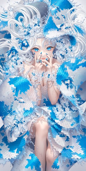 Anime picture 3274x6438 with original minami (minami373916) single long hair tall image looking at viewer fringe highres breasts blue eyes light erotic hair between eyes absurdres white hair nail polish fingernails sparkle wet long fingernails wrist scrunchie