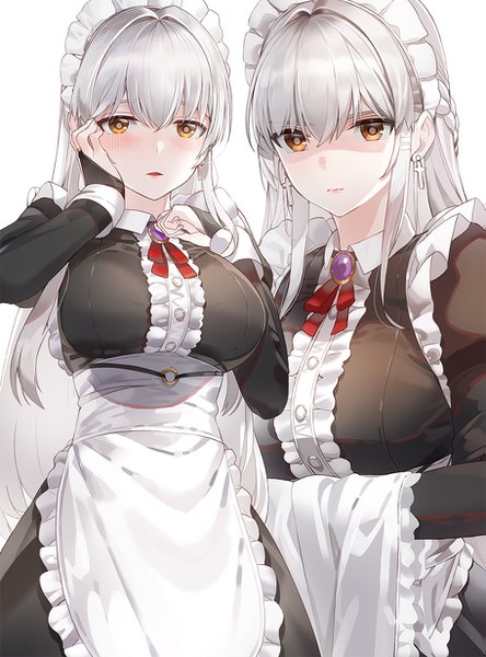 Anime picture 911x1230 with original kfr long hair tall image looking at viewer blush fringe breasts simple background hair between eyes large breasts white background yellow eyes silver hair braid (braids) long sleeves arms up maid multiview hand on face