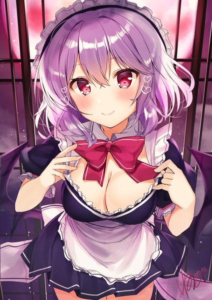 Anime picture 2508x3541 with touhou remilia scarlet nenobi (nenorium) single tall image looking at viewer blush fringe highres short hair breasts light erotic smile hair between eyes red eyes standing signed cleavage purple hair maid