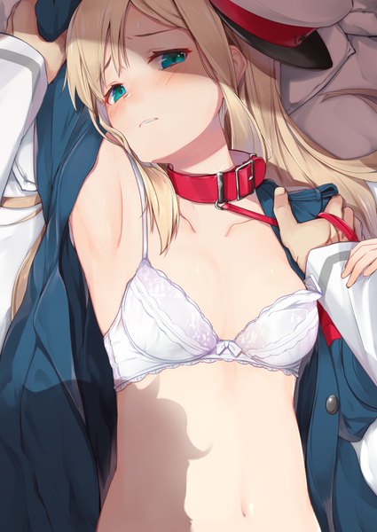 Anime picture 752x1062 with fate (series) lord el-melloi ii case files reines el-melloi archisorte sakamoto-cat long hair tall image looking at viewer blush fringe blue eyes light erotic blonde hair holding lying parted lips arm up from above open clothes bare belly shadow