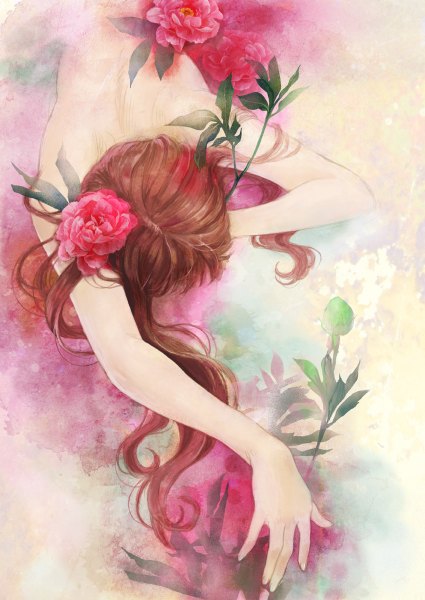 Anime picture 850x1200 with original degrees celsius single long hair tall image brown hair lying hair flower nude girl hair ornament flower (flowers) hand