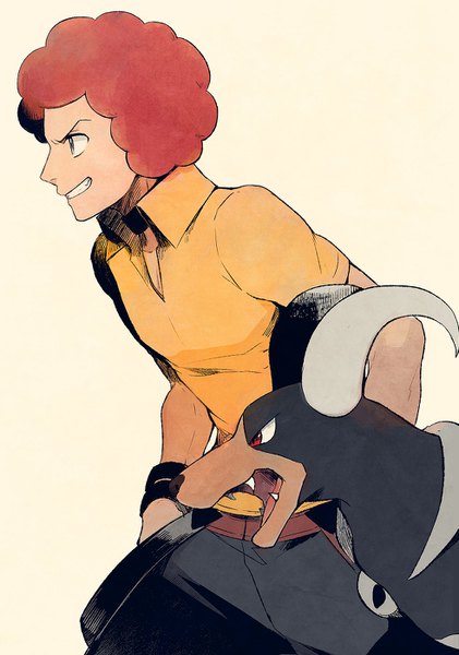 Anime picture 982x1400 with pokemon nintendo houndoom ooba (pokemon) yukin (es) single tall image short hair simple background looking away red hair profile yellow background gen 2 pokemon afro boy pokemon (creature)
