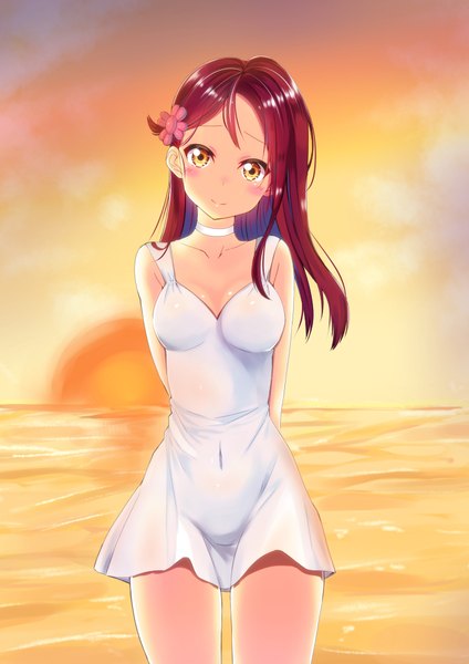 Anime picture 707x1000 with love live! sunshine!! sunrise (studio) love live! sakurauchi riko 38-21 single long hair tall image looking at viewer blush fringe breasts light erotic yellow eyes outdoors red hair head tilt hair flower covered navel evening