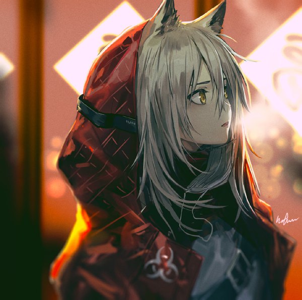 Anime picture 1085x1080 with arknights projekt red (arknights) infukun single long hair fringe hair between eyes signed animal ears yellow eyes looking away silver hair upper body exhalation girl hood