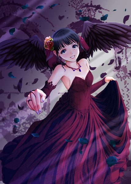 Anime picture 1583x2220 with original yume robo (artist) single tall image short hair blue eyes black hair smile nail polish black wings girl dress petals wings