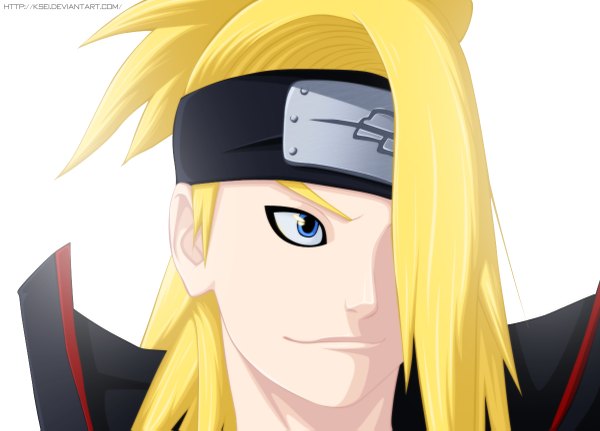 Anime picture 1200x863 with naruto studio pierrot naruto (series) deidara ksei single long hair fringe blue eyes blonde hair smile white background hair over one eye coloring close-up face akatsuki boy bandana