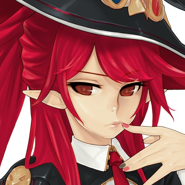 Anime picture 828x828 with dungeon and fighter caooll (co-ohol) single long hair red eyes looking away red hair pointy ears finger to mouth close-up face girl hat witch hat