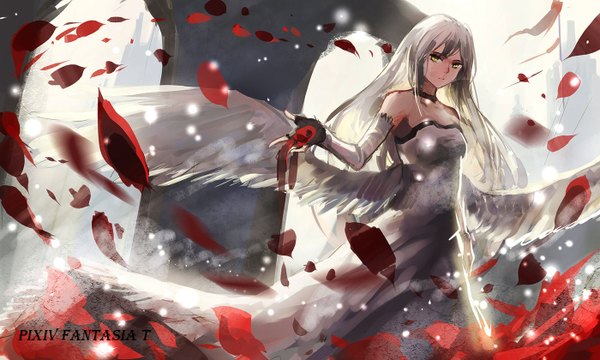 Anime picture 1400x840 with original pixiv fantasia pixiv fantasia t sishenfan single long hair fringe wide image bare shoulders yellow eyes white hair wind sunlight outstretched arm white wings girl dress gloves detached sleeves petals