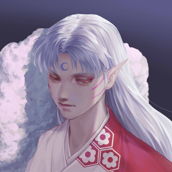 Anime picture 1240x1240 with inuyasha sesshomaru hejia abby single long hair simple background looking away silver hair traditional clothes japanese clothes pointy ears facial mark portrait dark background forehead mark boy moon (symbol)