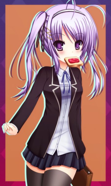 Anime picture 1500x2500 with tagme (copyright) toyokawa itsuki (p mayuhime) single long hair tall image blush purple eyes purple hair eating girl thighhighs black thighhighs