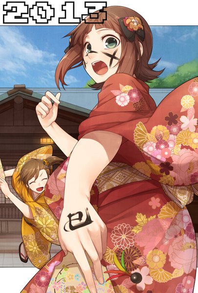 Anime picture 1181x1748 with idolmaster amami haruka futami mami tall image blush short hair open mouth brown hair multiple girls green eyes eyes closed traditional clothes japanese clothes new year kikumon 2013 girl hair ornament 2 girls kimono