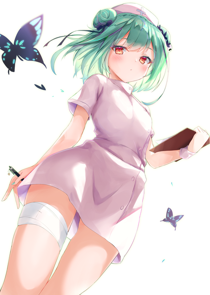 Anime picture 2500x3500 with virtual youtuber hololive uruha rushia toshizou (0714) single tall image looking at viewer blush highres short hair simple background red eyes white background green hair from below hair bun (hair buns) nurse girl uniform insect