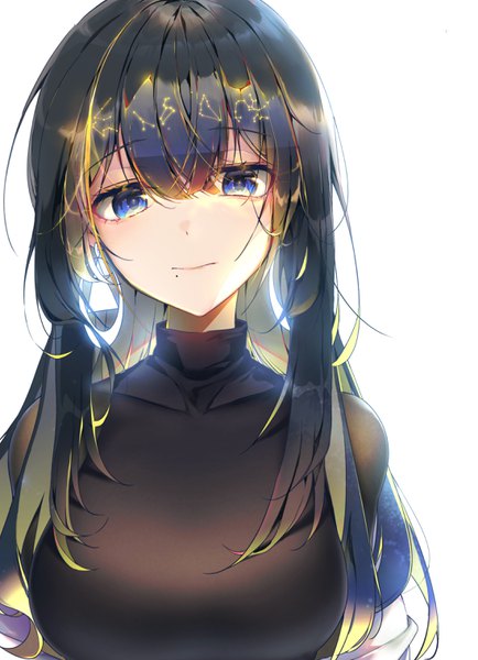 Anime-Bild 2194x3028 mit original bara (03 bara ) single long hair tall image looking at viewer fringe highres breasts blue eyes black hair simple background hair between eyes white background payot upper body multicolored hair light smile mole glowing