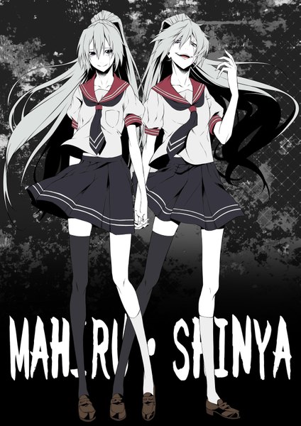 Anime picture 2480x3507 with akuma no riddle banba mahiru banba shinya vice (kuronekohadokoheiku) long hair tall image looking at viewer highres open mouth smile multiple girls ponytail grey hair inscription grey eyes dark background girl thighhighs uniform black thighhighs