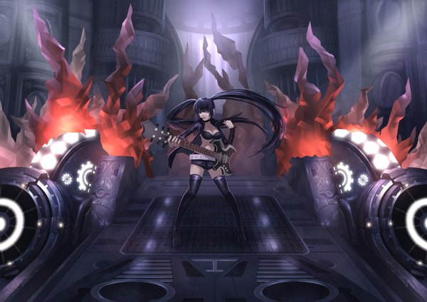Anime picture 1400x991 with black rock shooter black rock shooter (character) catwyz single long hair black hair twintails girl shorts boots belt thigh boots bikini top fire musical instrument guitar speakers