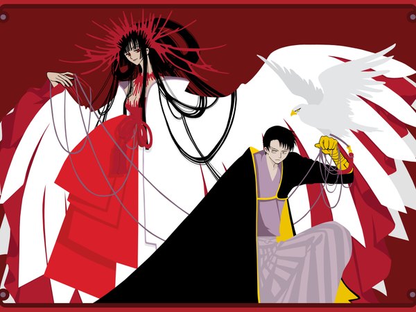 Anime picture 2048x1536 with xxxholic clamp ichihara yuuko doumeki shizuka long hair highres black hair simple background red eyes traditional clothes couple girl boy animal bird (birds)