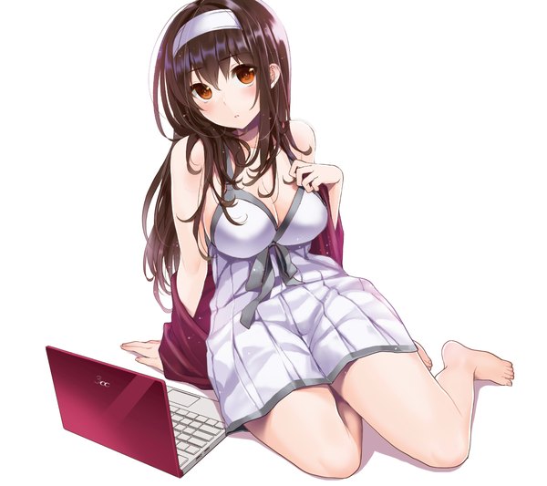 Anime picture 1350x1200 with saenai heroine no sodatekata a-1 pictures kasumigaoka utaha musha sabu single long hair looking at viewer blush fringe breasts black hair simple background brown hair white background sitting bare shoulders brown eyes bent knee (knees) head tilt barefoot