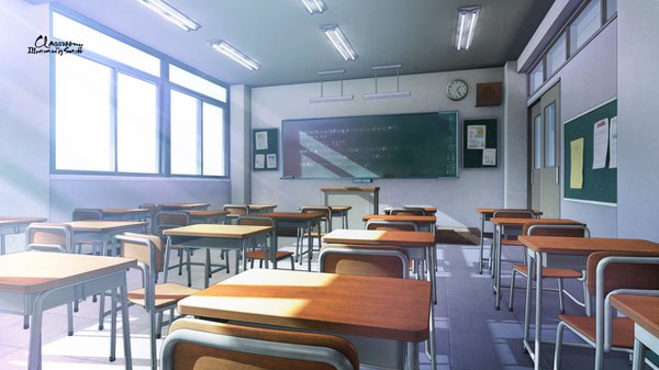Anime picture 1280x720 with original mitsuki wide image indoors sunlight no people classroom window chair clock lamp desk blackboard school wall clock