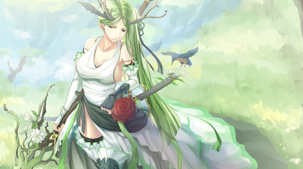 Anime-Bild 2004x1116 mit original kikivi single long hair highres breasts light erotic wide image large breasts bare shoulders green eyes looking away horn (horns) green hair girl dress flower (flowers) weapon detached sleeves animal