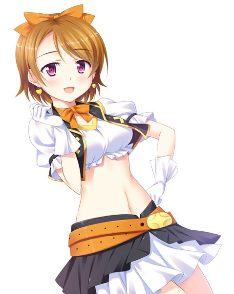 Anime picture 798x1000 with love live! school idol project sunrise (studio) love live! koizumi hanayo yuurei yashiki single tall image looking at viewer blush short hair open mouth simple background brown hair white background purple eyes girl dress gloves navel bow