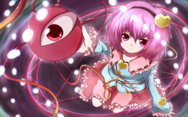 Anime picture 1440x900 with touhou komeiji satori daraketeikitai single short hair wide image pink hair pink eyes eyes girl dress skirt hairband