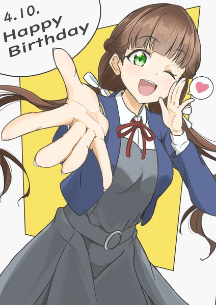 Anime picture 2894x4093 with hello!!! love live! sunrise (studio) love live! sakurakouji kinako sukihiro single long hair tall image looking at viewer fringe highres open mouth simple background smile brown hair twintails green eyes blunt bangs one eye closed wink