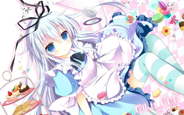 Anime picture 1920x1200 with kantai collection hibiki destroyer shirogane hina single long hair looking at viewer blush fringe highres blue eyes hair between eyes blue hair loli girl thighhighs dress ribbon (ribbons) hair ribbon food sweets