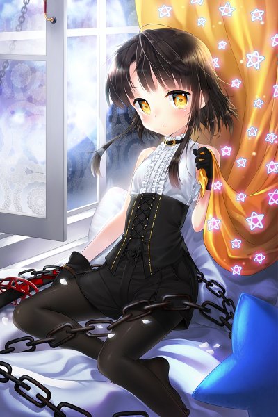 Anime picture 800x1200 with sword girls sita vilosa melon3 single tall image looking at viewer blush fringe short hair black hair sitting holding yellow eyes bent knee (knees) parted lips no shoes lacing girl gloves pantyhose