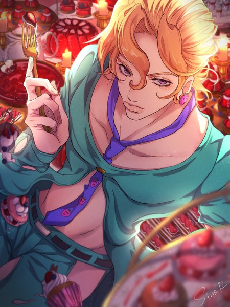 Anime picture 2700x3600 with jojo no kimyou na bouken pannacotta fugo siroraku single tall image fringe highres short hair blonde hair hair between eyes purple eyes signed from above lips boy necktie food sweets berry (berries) strawberry