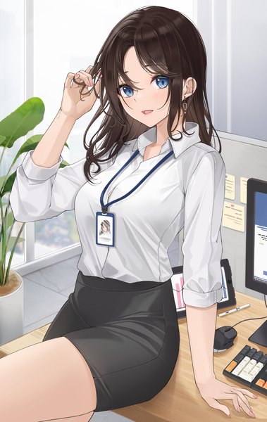 Anime picture 2107x3339 with original lebring single long hair tall image looking at viewer blush fringe highres open mouth blue eyes hair between eyes brown hair sitting indoors nail polish arm up arm support pink nail polish office lady