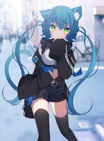 Anime picture 2800x3765 with original sapphire (sapphire25252) single long hair tall image looking at viewer fringe highres hair between eyes twintails green eyes animal ears outdoors tail animal tail cat ears aqua hair cat girl cat tail photo background