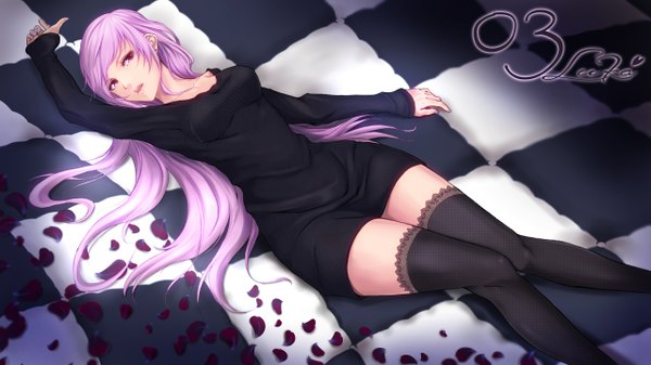 Anime picture 1280x720 with vocaloid megurine luka din (raiden) single long hair looking at viewer open mouth wide image pink hair pink eyes checkered floor floor girl thighhighs dress black thighhighs petals