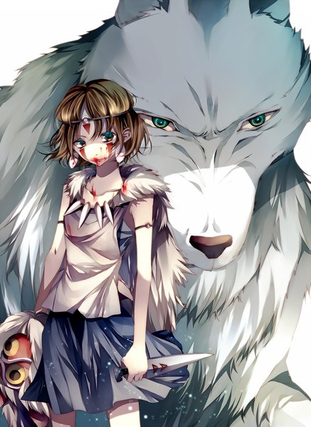 Anime picture 1275x1750 with mononoke hime studio ghibli san moro no kimi tsukioka tsukiho tall image short hair blonde hair brown eyes green eyes girl skirt animal blood mask knife wolf